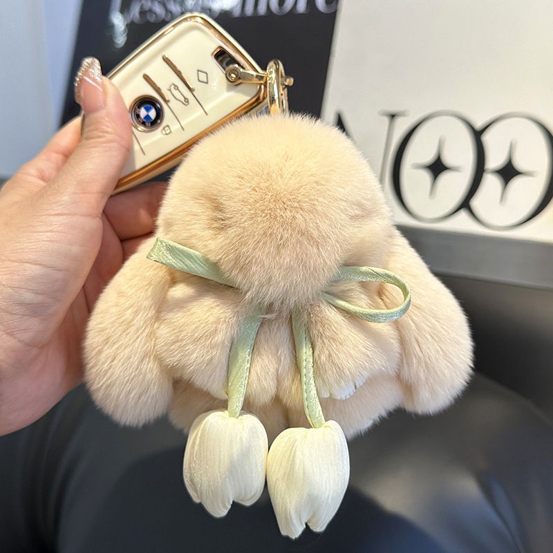 Cute Bunny Rabbit Fur Keychain with Tulip Charm Soft Plush Rabbit Bag Charm Key Ring Accessory