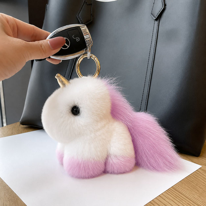 Real Rabbit Fur Unicorn Keychain Luxury Plush Bag Charm Car Key Ring Accessory