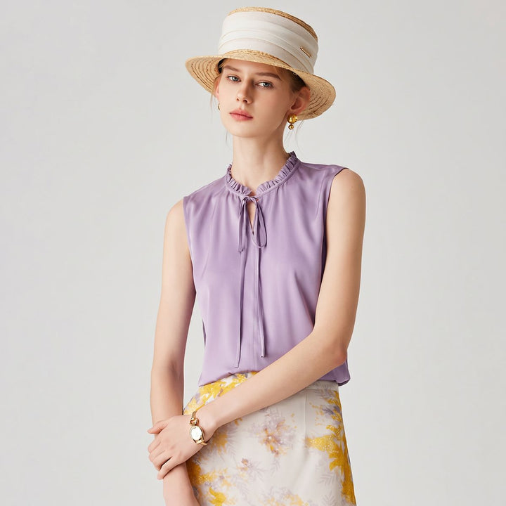 22 Momme Women’s Stand Collar Sleeveless Tie-Neck Silk Shirt