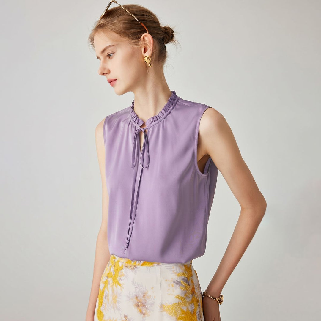 22 Momme Women’s Stand Collar Sleeveless Tie-Neck Silk Shirt