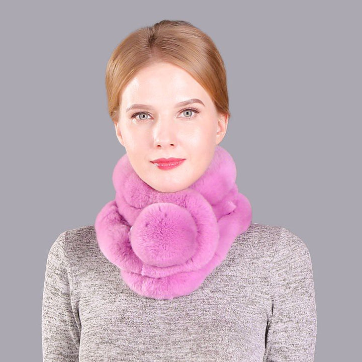 Luxury Real Rabbit Fur Collar Scarf with Pom-Pom Soft Winter Neck Warmer
