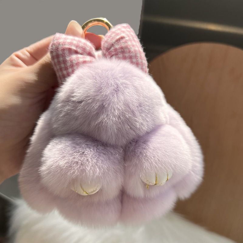 Real Rex Rabbit Fur Bunny Keychain Ultra-Soft Lop Eared Rabbit Key Ring with Bow