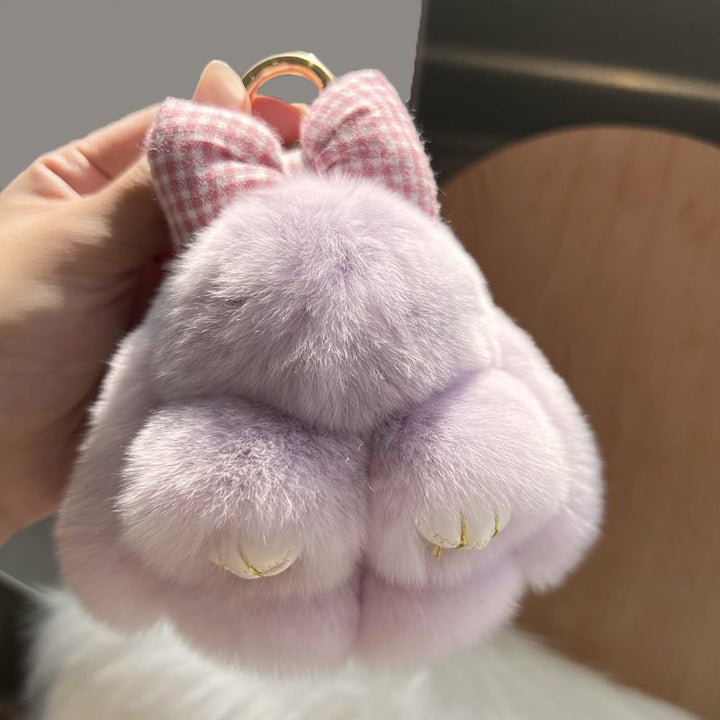Real Rex Rabbit Fur Bunny Keychain Ultra-Soft Lop Eared Rabbit Key Ring with Bow