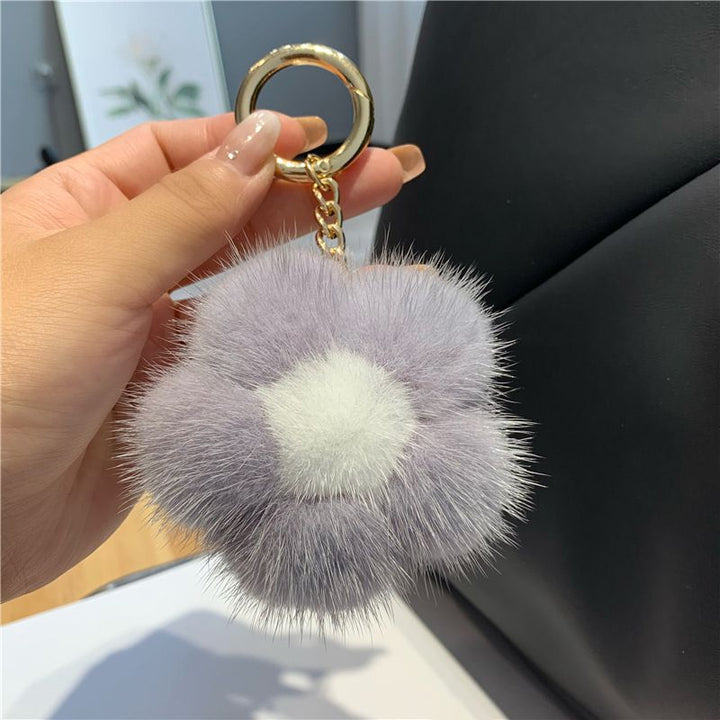 Cute Real Mink Fur Flower Car Keychain Fluffy Pom-Pom Luxury Bag Charm