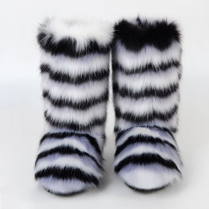 Vibrant Patchwork Faux Fur Boots Women Colorful Winter Furry Snow Boots Footwear