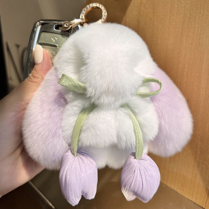 Cute Bunny Rabbit Fur Keychain with Tulip Charm Soft Plush Rabbit Bag Charm Key Ring Accessory