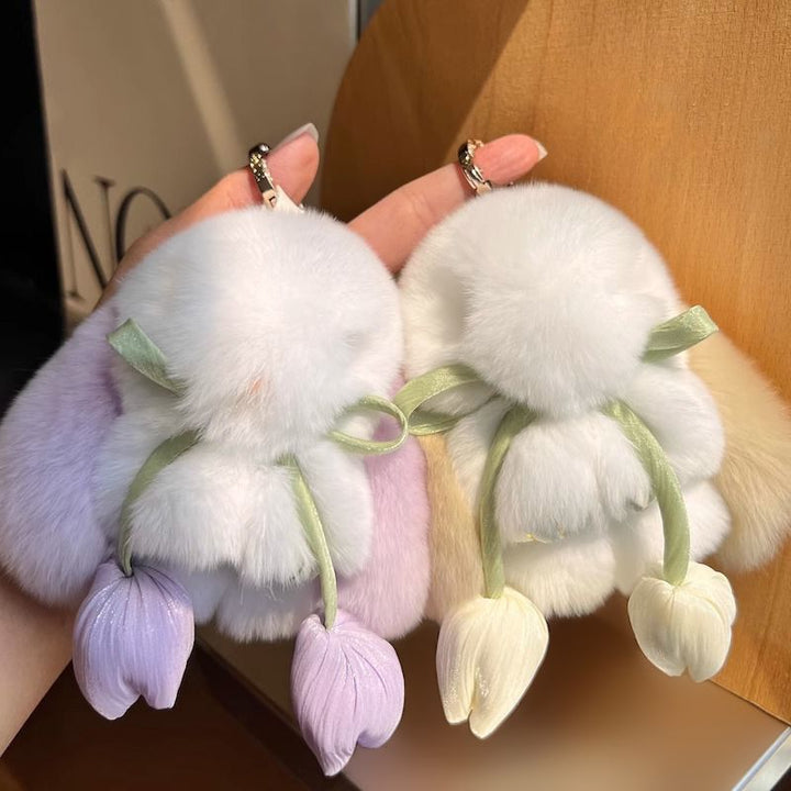 Cute Bunny Rabbit Fur Keychain with Tulip Charm Soft Plush Rabbit Bag Charm Key Ring Accessory