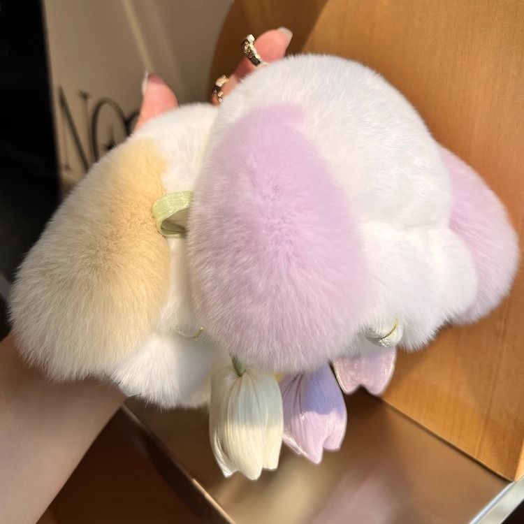 Cute Bunny Rabbit Fur Keychain with Tulip Charm Soft Plush Rabbit Bag Charm Key Ring Accessory