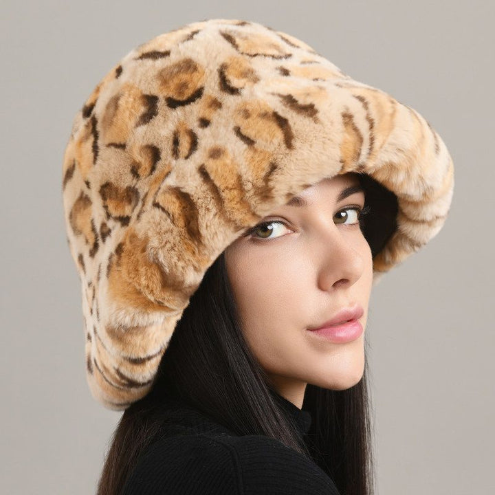 Luxury Animal Pattern Real Rabbit Fur Hat for Women Soft Leopard Winter Bucket Hat