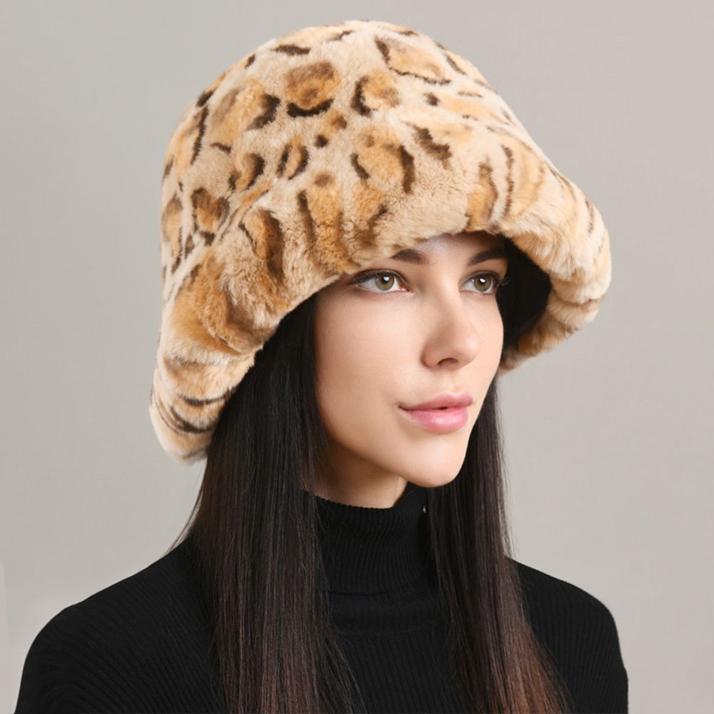 Luxury Animal Pattern Real Rabbit Fur Hat for Women Soft Leopard Winter Bucket Hat