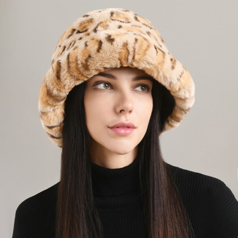 Luxury Animal Pattern Real Rabbit Fur Hat for Women Soft Leopard Winter Bucket Hat