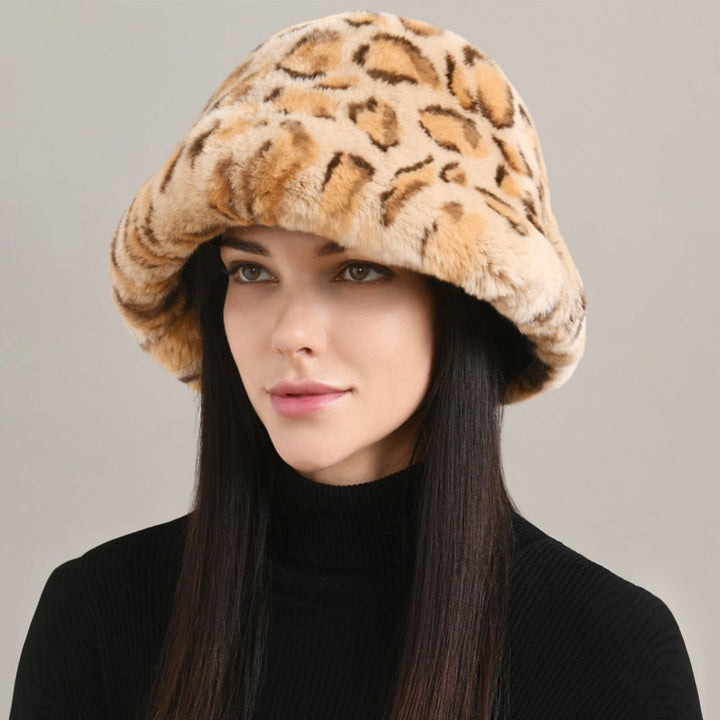 Luxury Animal Pattern Real Rabbit Fur Hat for Women Soft Leopard Winter Bucket Hat