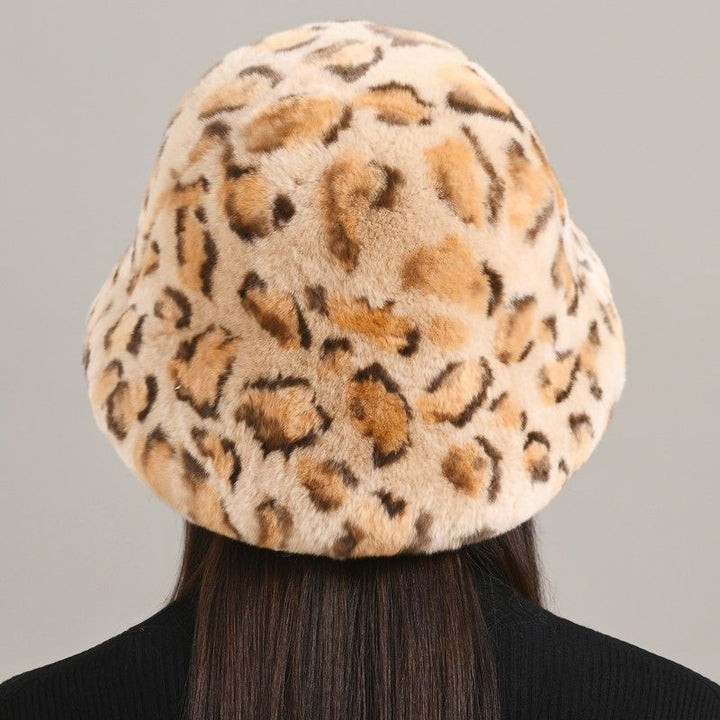 Luxury Animal Pattern Real Rabbit Fur Hat for Women Soft Leopard Winter Bucket Hat