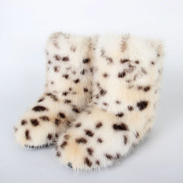 Faux Fox Wolf Leopard Animal Fur Snow Boots for Women Winter Furry Cozy Slip-On Ankle Fur Boots