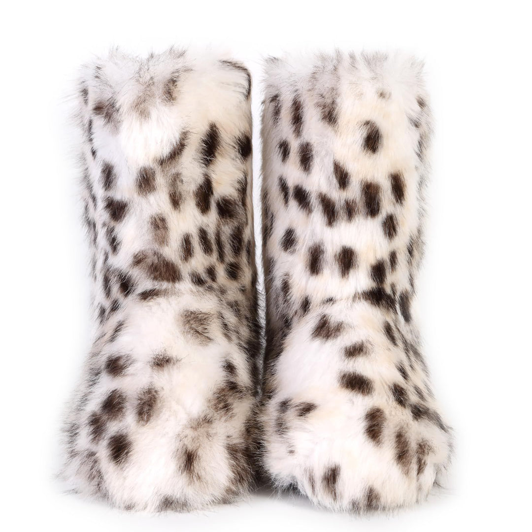 Faux Fox Wolf Leopard Animal Fur Snow Boots for Women Winter Furry Cozy Slip-On Ankle Fur Boots
