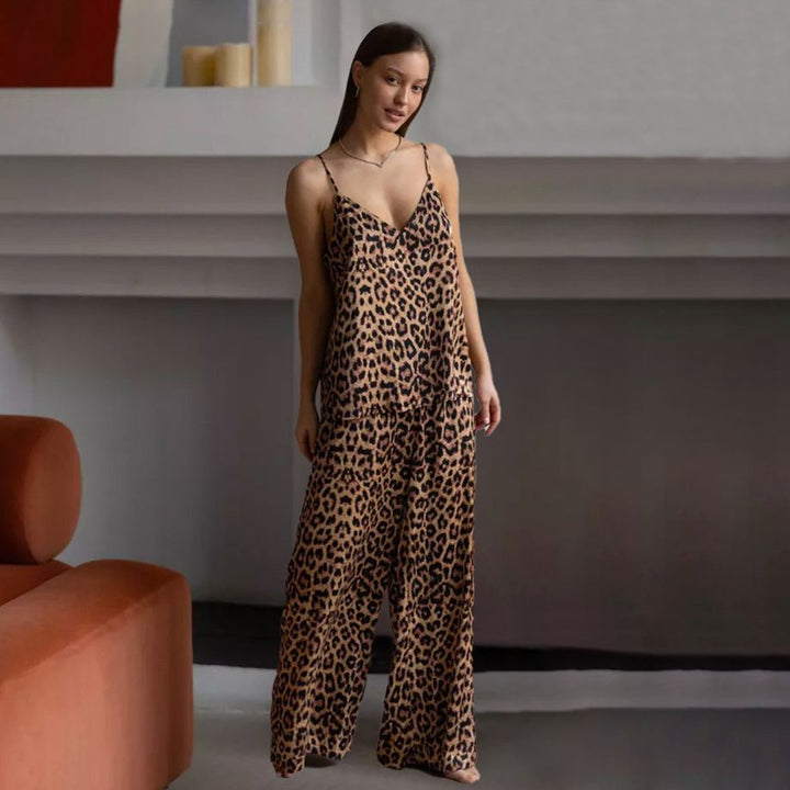 22 Momme Leopard Print 100% Silk Camisole and Wide-Leg Pajama Pants Set for Women