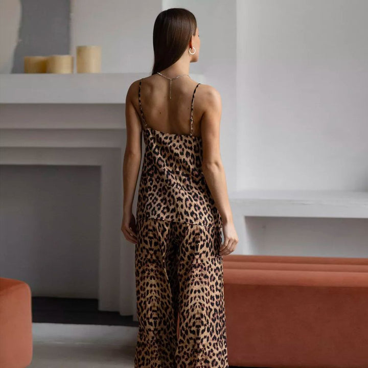22 Momme Leopard Print 100% Silk Camisole and Wide-Leg Pajama Pants Set for Women