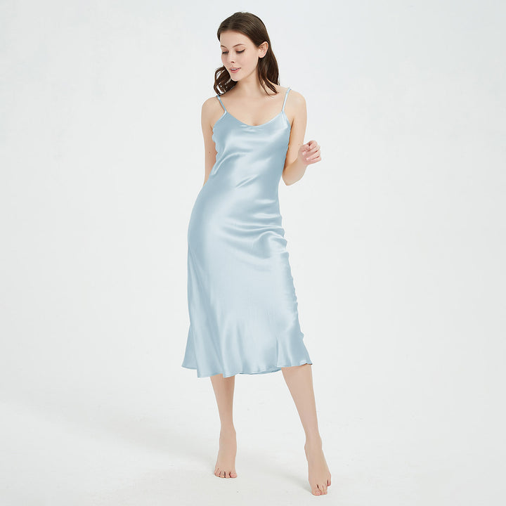 Double-Sided Silky V-Neck Mid-length Mulberry Silk Slip Nightgown LSP032