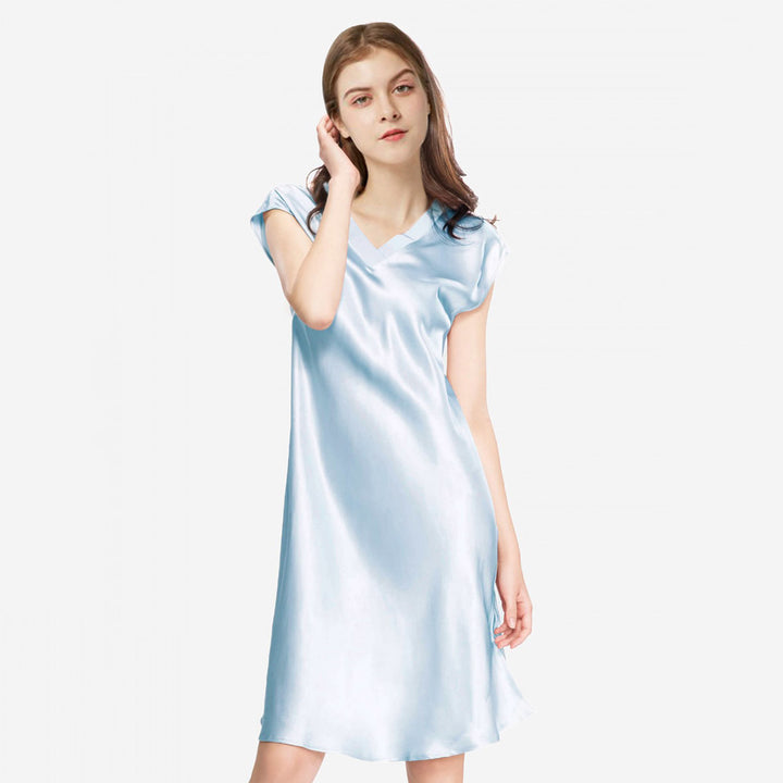 Double-Sided Silky V-Neck Cap Sleeve Mulberry Silk Nightgown LSP009
