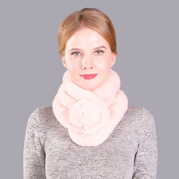 Luxury Real Rabbit Fur Collar Scarf with Pom-Pom Soft Winter Neck Warmer