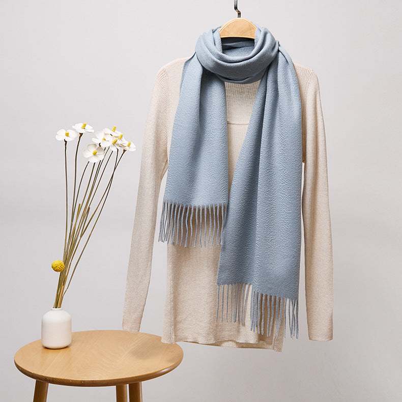 Basic Solid Color Long Cashmere Scarf with Tassels