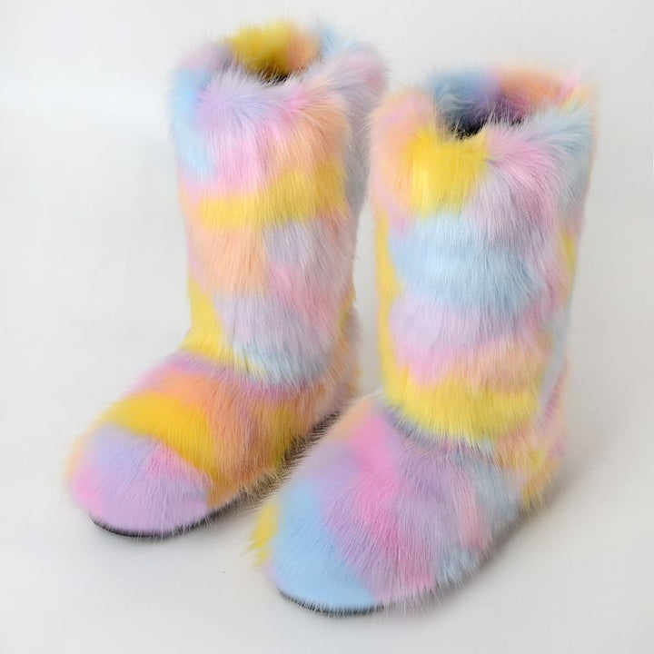 Vibrant Patchwork Faux Fur Boots Women Colorful Winter Furry Snow Boots Footwear