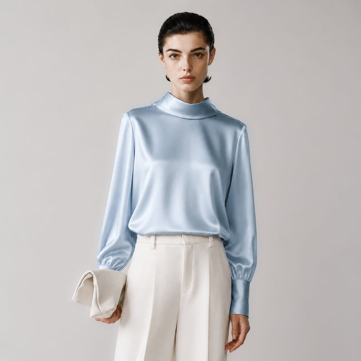 Elegant Long Sleeve High-Neck 100% Mulberry Silk Blouse for Women