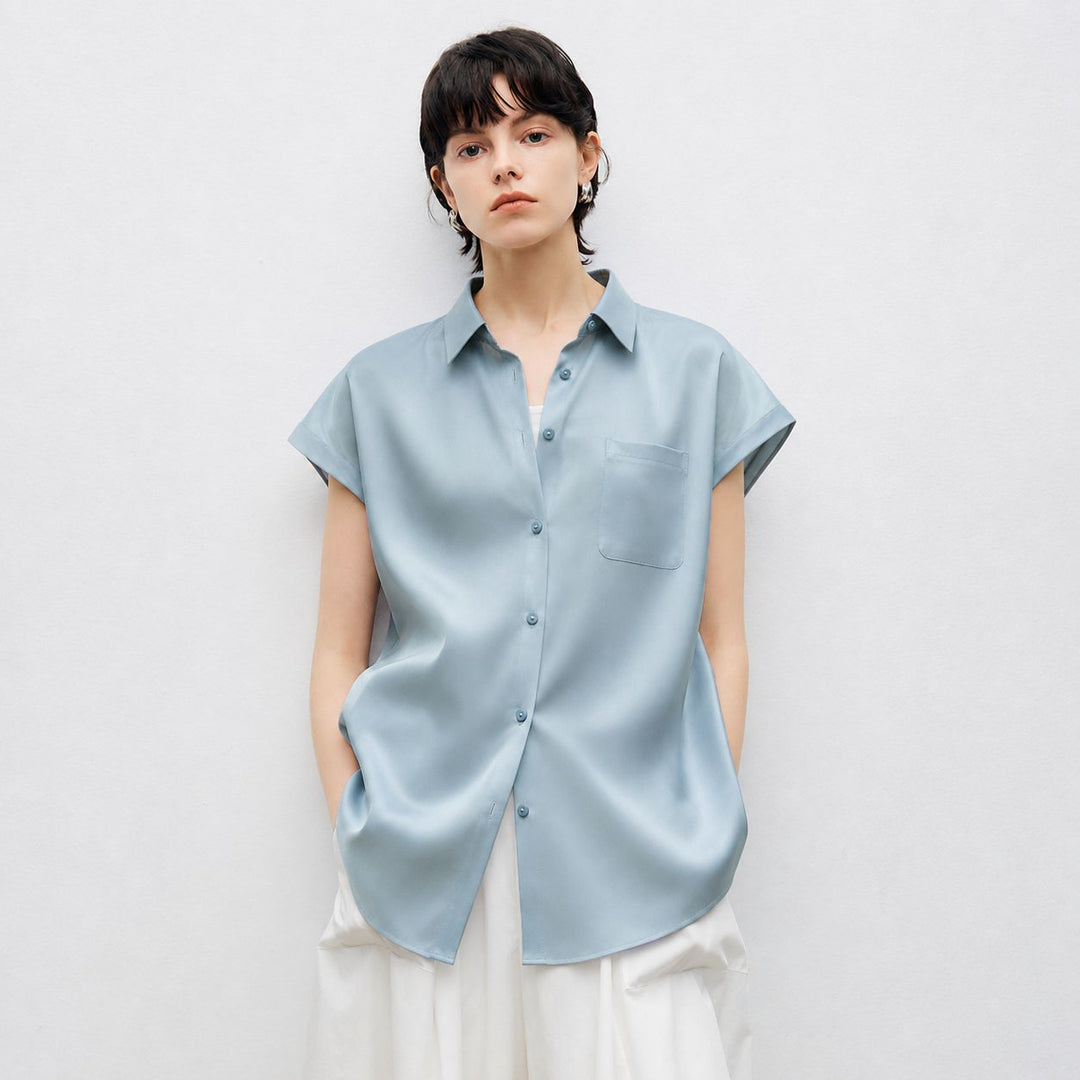 Relaxed Fit Luxury Mulberry Silk Cap Sleeve Shirt Blouse For Women