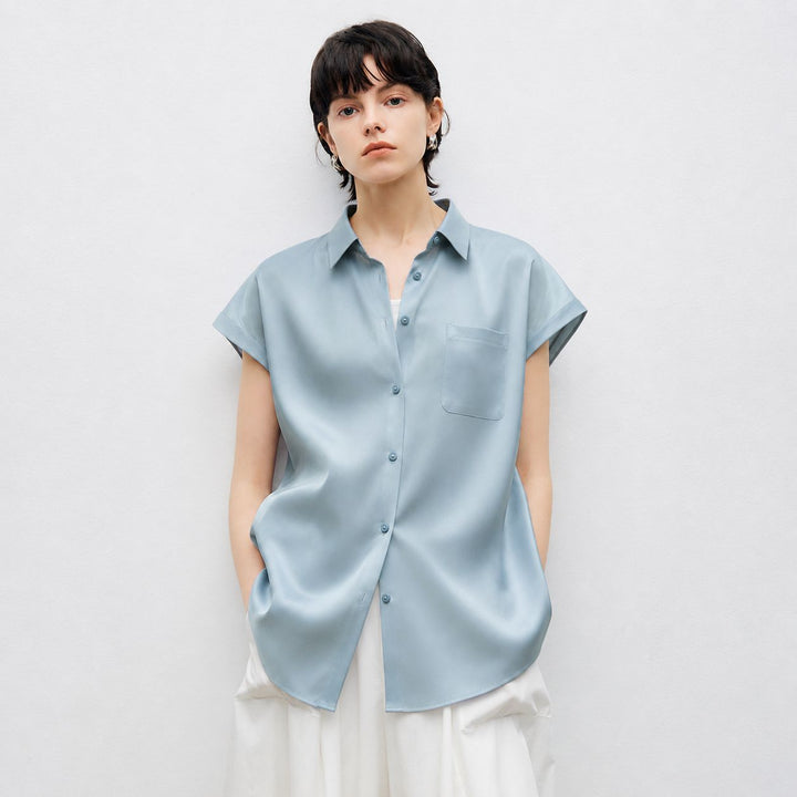 Relaxed Fit Luxury Mulberry Silk Cap Sleeve Shirt Blouse For Women