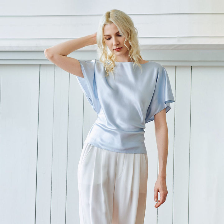 Elegant Self-Tie Batwing Sleeve Mulberry Silk Blouse Top