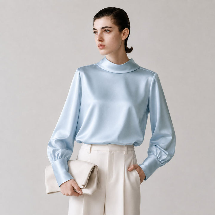 Elegant Long Sleeve High-Neck 100% Mulberry Silk Blouse for Women