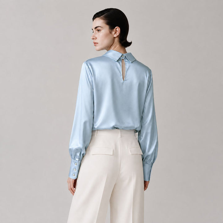 Elegant Long Sleeve High-Neck 100% Mulberry Silk Blouse for Women