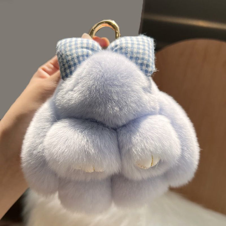 Real Rex Rabbit Fur Bunny Keychain Ultra-Soft Lop Eared Rabbit Key Ring with Bow