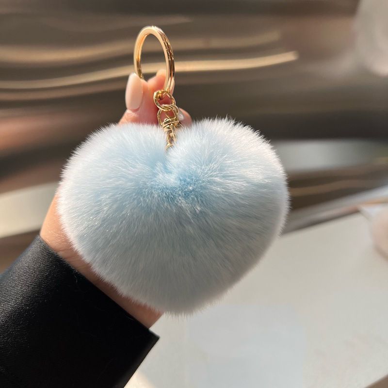 Real Rabbit Fur Heart Keychain Fluffy Plush Fur Pom Pom Bag Charm