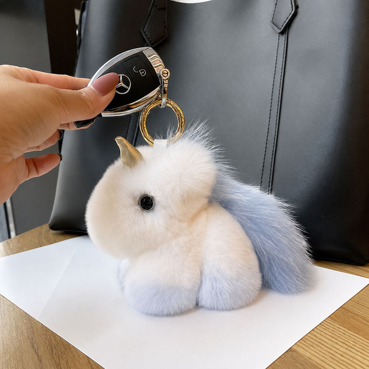 Real Rabbit Fur Unicorn Keychain Luxury Plush Bag Charm Car Key Ring Accessory