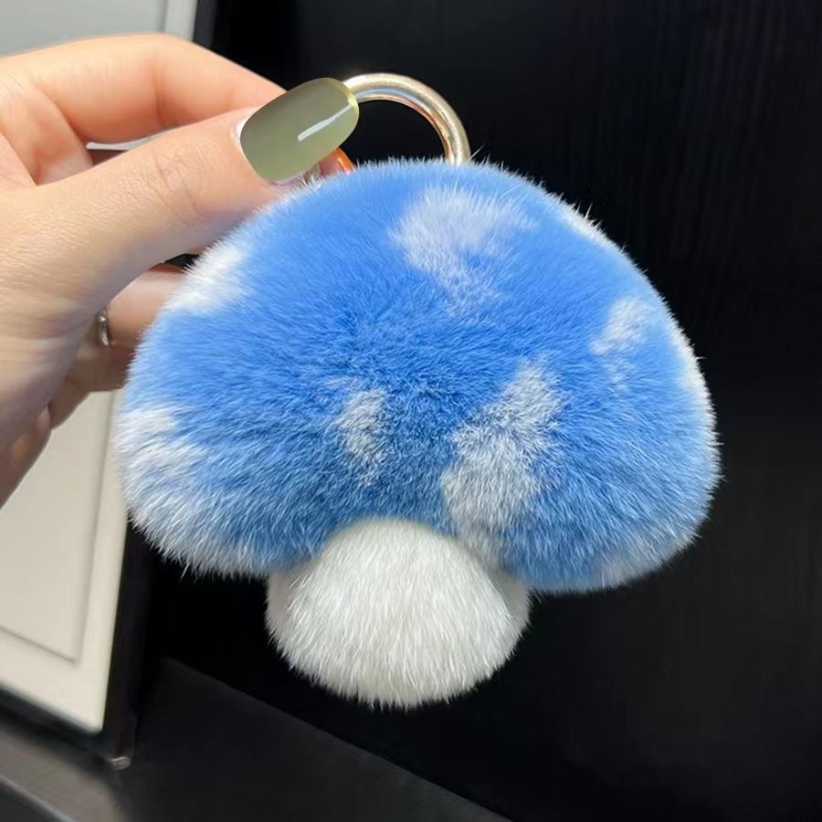 Cute Real Rex Rabbit Fur Mushroom Plush Keychain with White Polka Dots