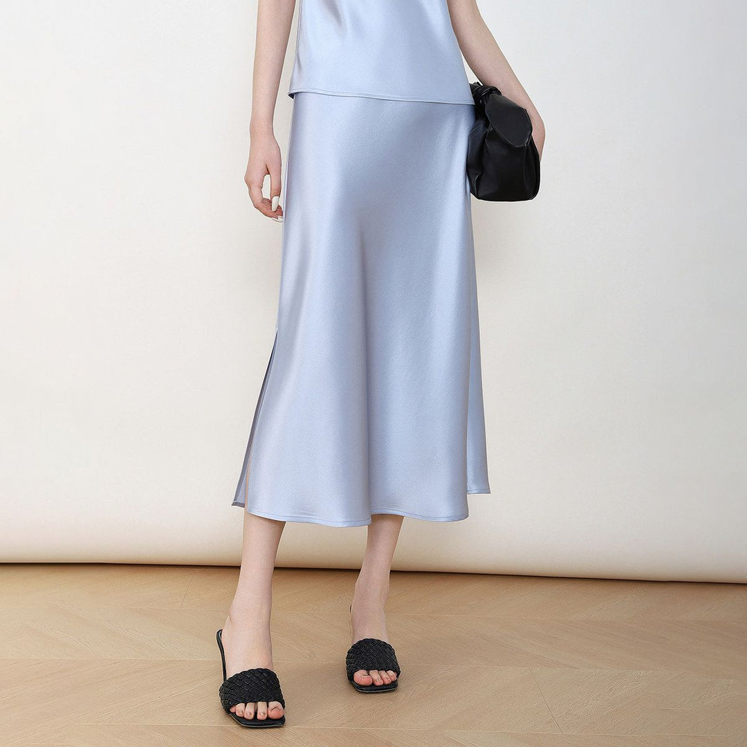 22 Momme Mulberry Charmeuse Silk Midi Skirt with Side Slit