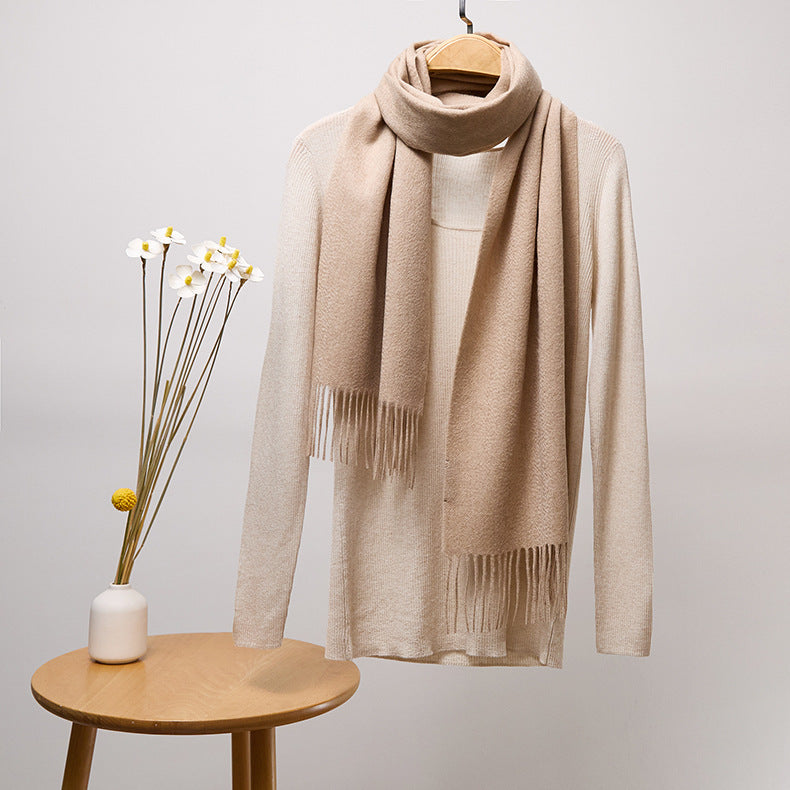 Basic Solid Color Long Cashmere Scarf with Tassels