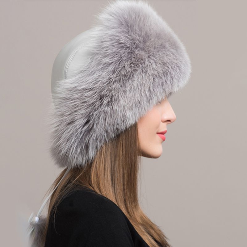 Women's Winter Fox Fur Roller Hat Sheepskin Pom Pom Fur Round Hat