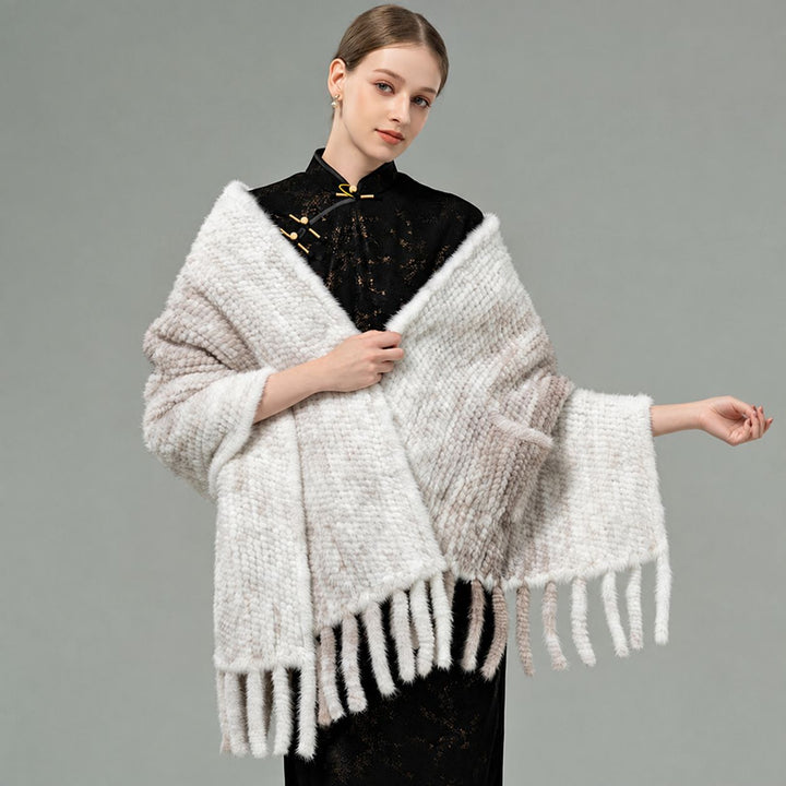 Genuine Mink Fur Shawl Wrap Elegant Fur Stole Cape Scarf with Fringe