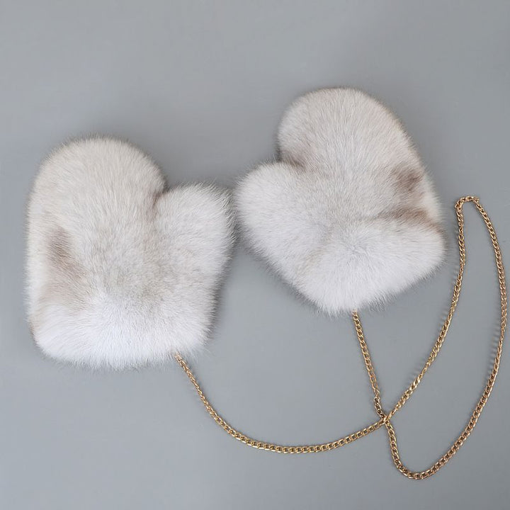 Luxury Real Fox Fur Mittens with Chain Strap Warm Winter Leather Fur Gloves for Women