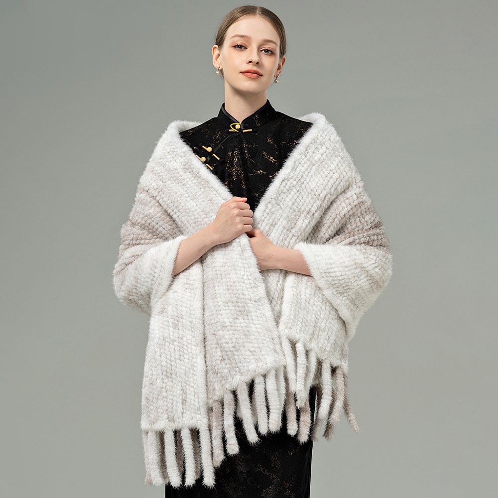 Genuine Mink Fur Shawl Wrap Elegant Fur Stole Cape Scarf with Fringe