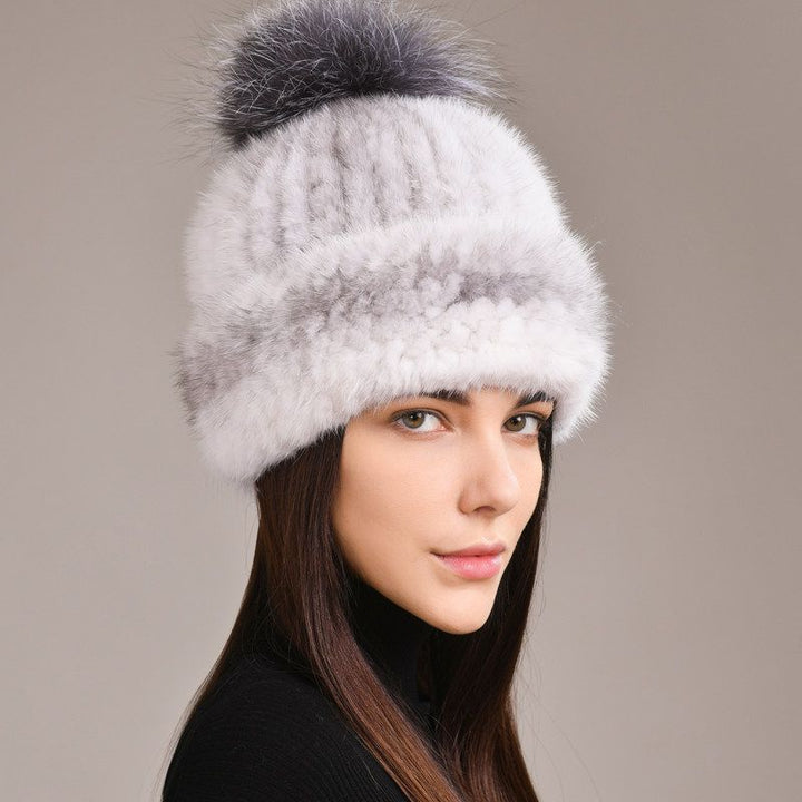 Luxury Real Mink Fur Beanie Hat with Fox Fur Pom-Pom Elegant Winter Knitted Hat for Women