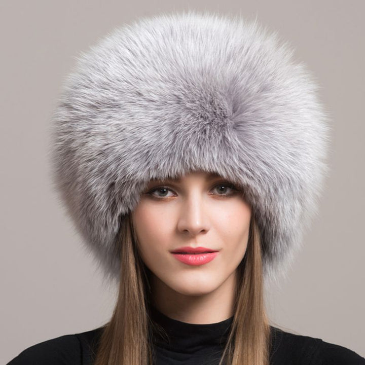 Women's Winter Fox Fur Roller Hat Sheepskin Pom Pom Fur Round Hat