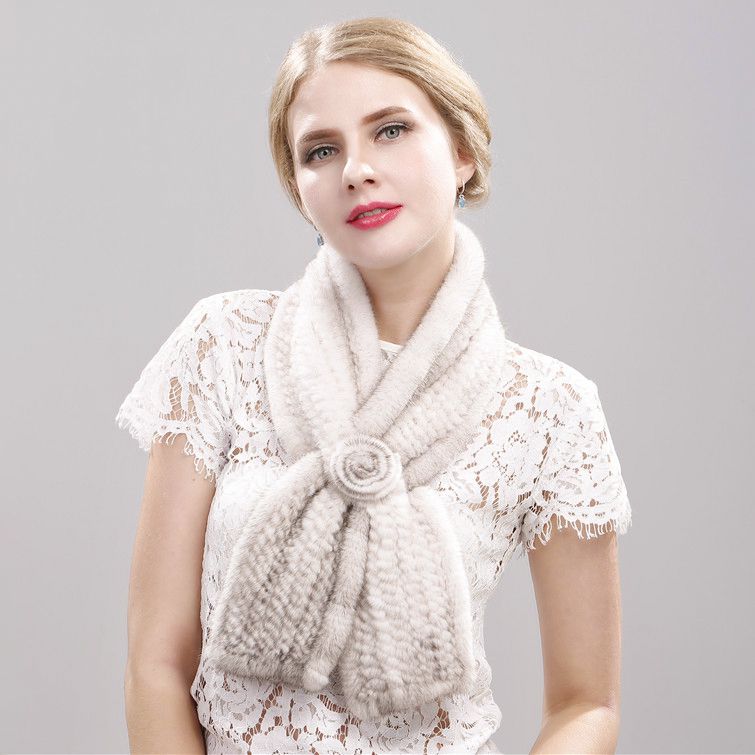 Luxury Real Mink Fur Scarf for Women Elegant Mink Fur Knitted Bow Flower Cross Neck Scarf