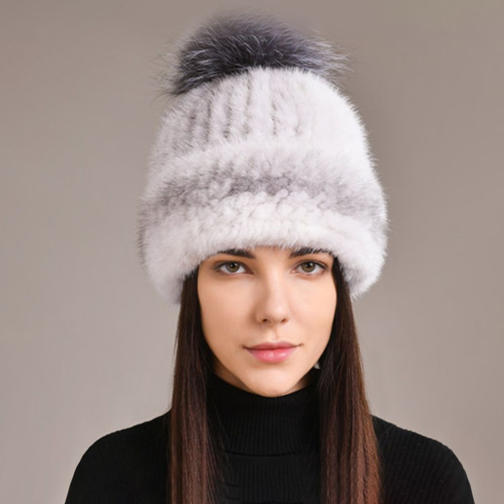Luxury Real Mink Fur Beanie Hat with Fox Fur Pom-Pom Elegant Winter Knitted Hat for Women