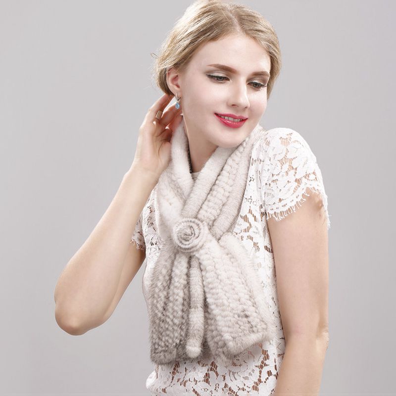 Luxury Real Mink Fur Scarf for Women Elegant Mink Fur Knitted Bow Flower Cross Neck Scarf