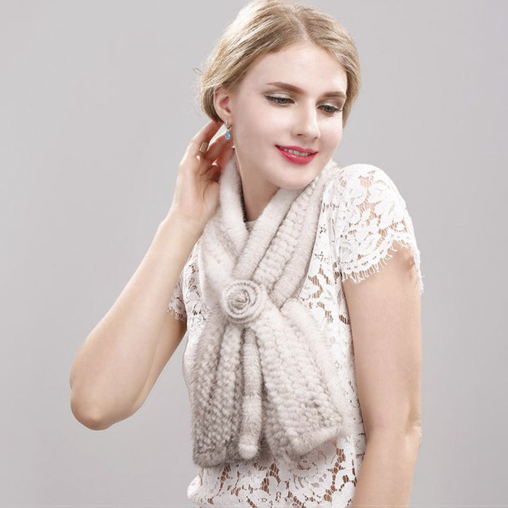 Luxury Real Mink Fur Scarf for Women Elegant Mink Fur Knitted Bow Flower Cross Neck Scarf