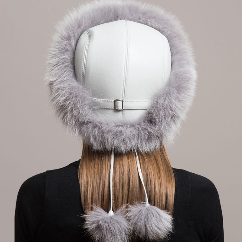 Women's Winter Fox Fur Roller Hat Sheepskin Pom Pom Fur Round Hat