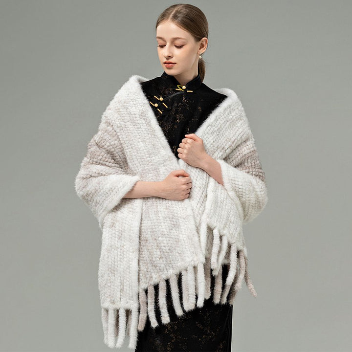 Genuine Mink Fur Shawl Wrap Elegant Fur Stole Cape Scarf with Fringe